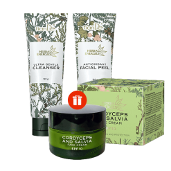 Гел за измиване + антиоксидантен пилинг подарък крем за лице кордицепс и салвия