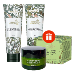Гел за измиване + антиоксидантен пилинг подарък крем за лице кордицепс и салвия