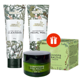 Гел за измиване + антиоксидантен пилинг подарък крем за лице кордицепс и салвия