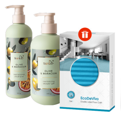 Шампоан+душ гел „Маслина и маракуя“- ПОДАРЪК Двустранна кърпа за под.